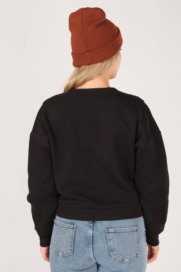 Kadın Sıfır Yaka Crop Sweatshirt Siyah - 6
