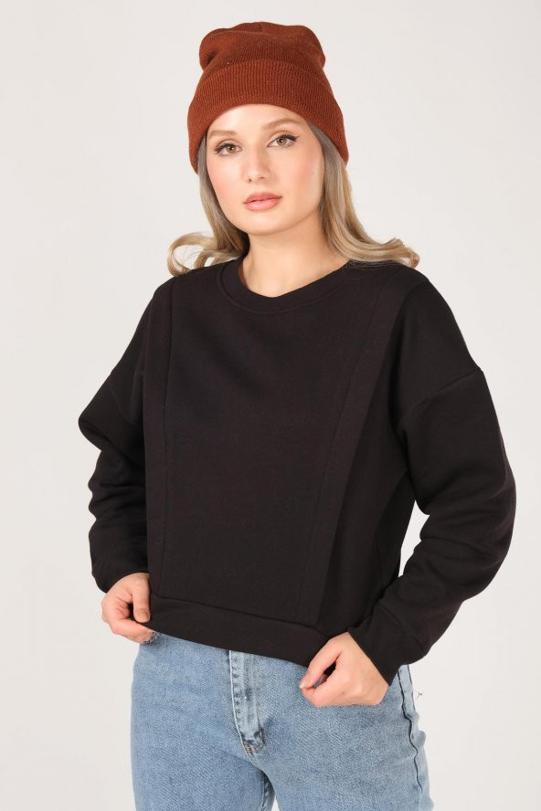 Kadın Sıfır Yaka Crop Sweatshirt Siyah - 2
