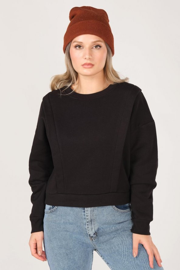 Kadın Sıfır Yaka Crop Sweatshirt Siyah - 5