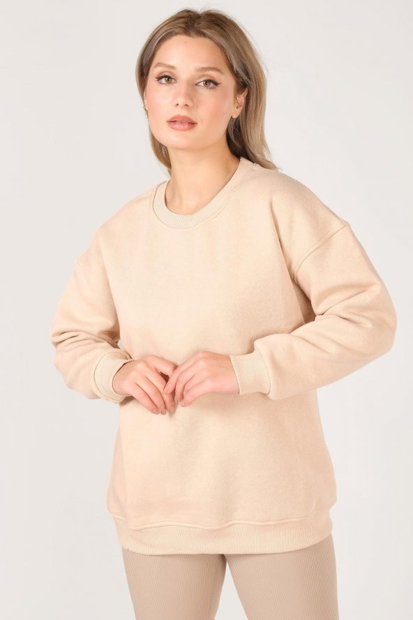 Kadın Sıfır Yaka Oversize Sweatshirt Bej