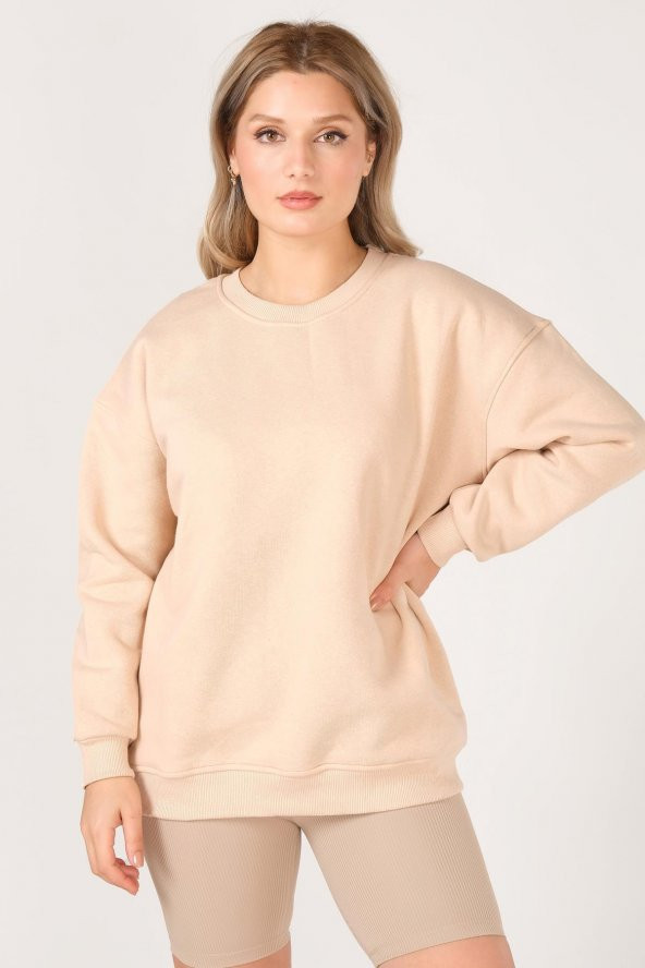 Kadın Sıfır Yaka Oversize Sweatshirt Bej - 2