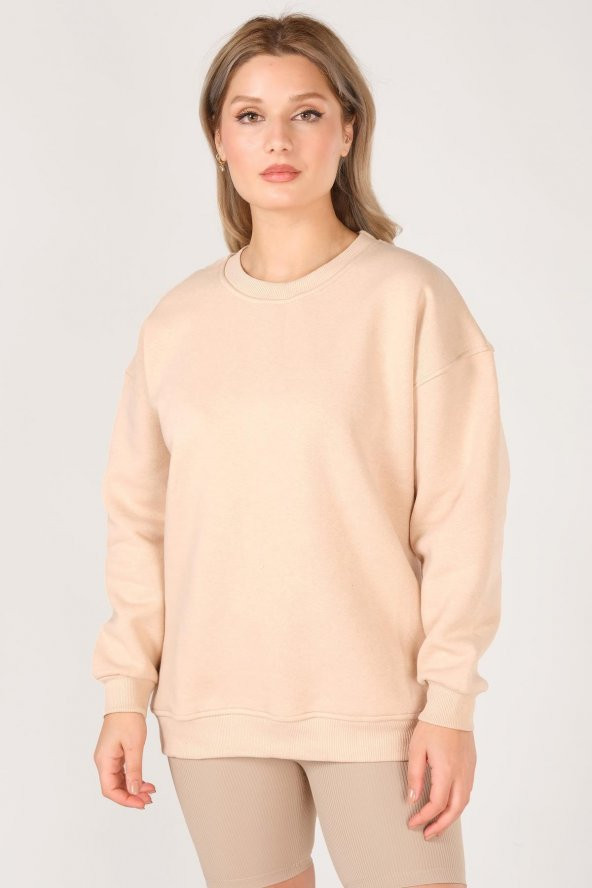 Kadın Sıfır Yaka Oversize Sweatshirt Bej - 3