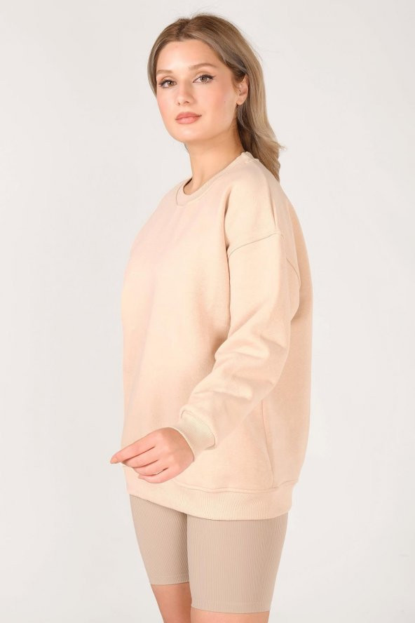 Kadın Sıfır Yaka Oversize Sweatshirt Bej - 4