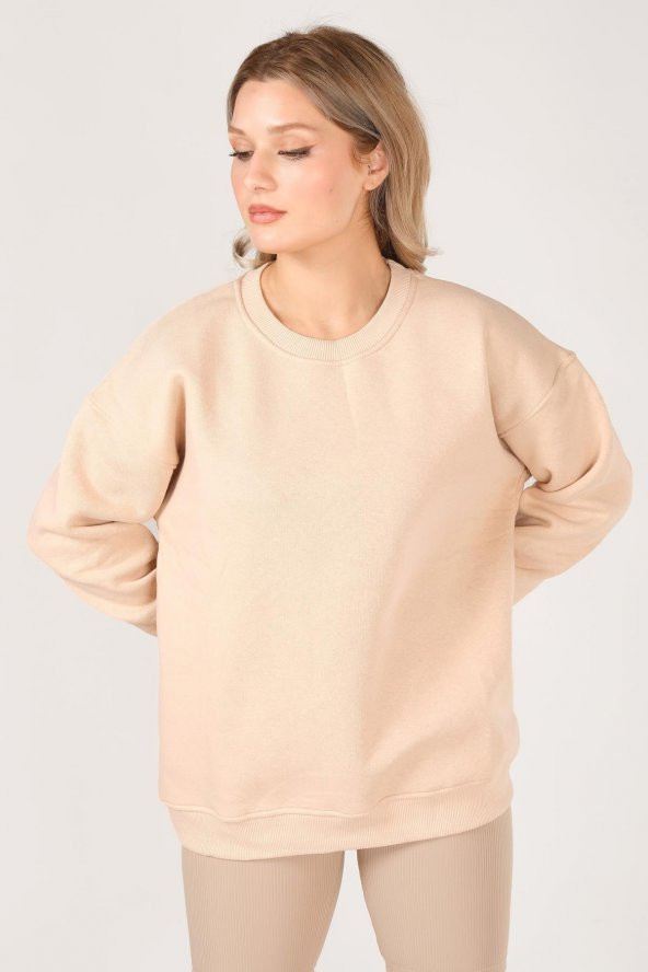 Kadın Sıfır Yaka Oversize Sweatshirt Bej - 5