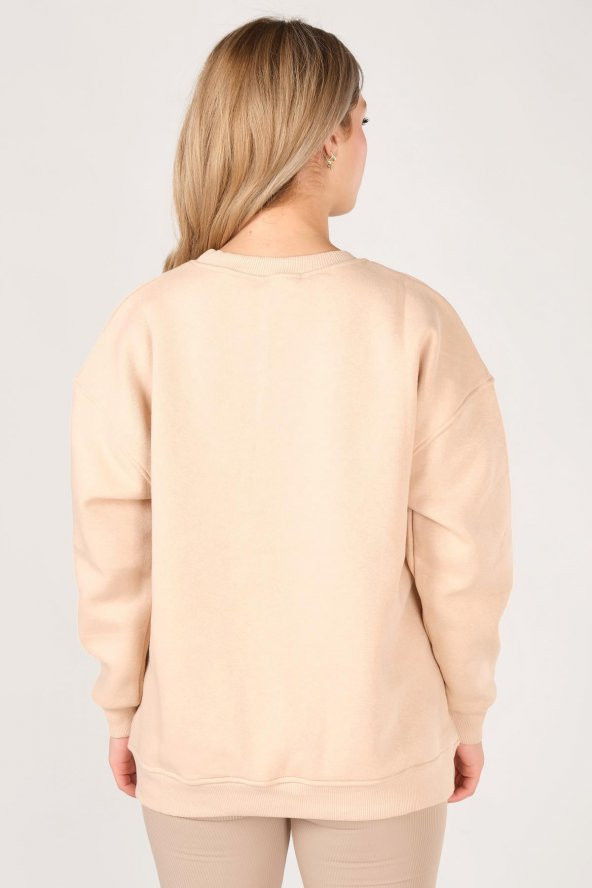Kadın Sıfır Yaka Oversize Sweatshirt Bej - 6
