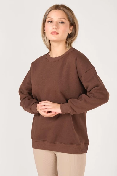 Kadın Sıfır Yaka Oversize Sweatshirt Kahverengi - 4