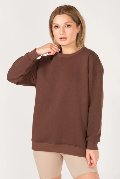 Kadın Sıfır Yaka Oversize Sweatshirt Kahverengi - 3