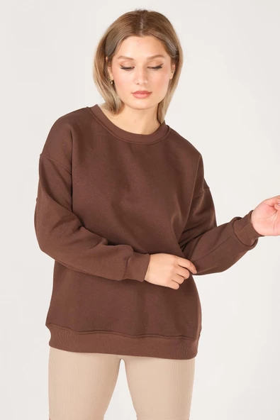 Kadın Sıfır Yaka Oversize Sweatshirt Kahverengi - 5
