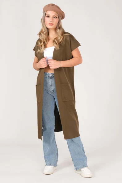 Kadın Cep Detaylı Triko Yelek Haki - 2