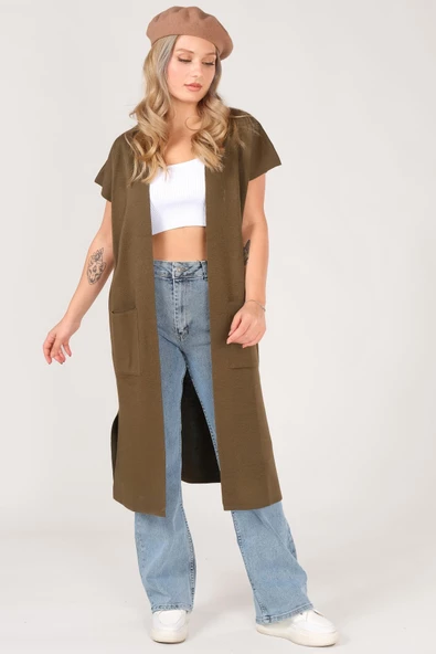 Kadın Cep Detaylı Triko Yelek Haki