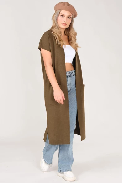 Kadın Cep Detaylı Triko Yelek Haki - 3