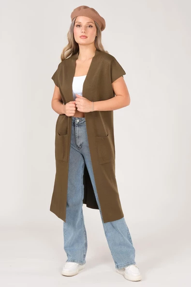 Kadın Cep Detaylı Triko Yelek Haki - 4