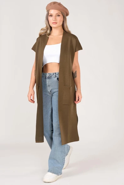 Kadın Cep Detaylı Triko Yelek Haki - 5