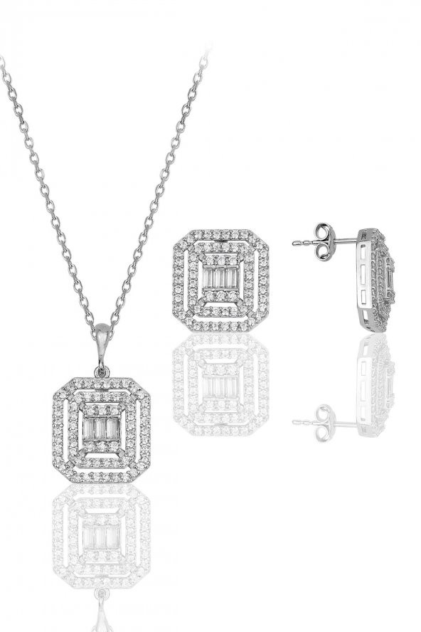 Gümüş Rodyumlu Pırlanta Montürlü Taşlı Baget Kolye ve Küpe Seti ürün görseli