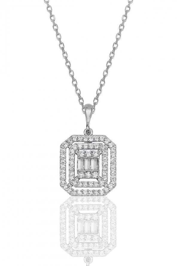 Gümüş Rodyumlu Pırlanta Montürlü Taşlı Baget Kolye ve Küpe Seti - Resim 2