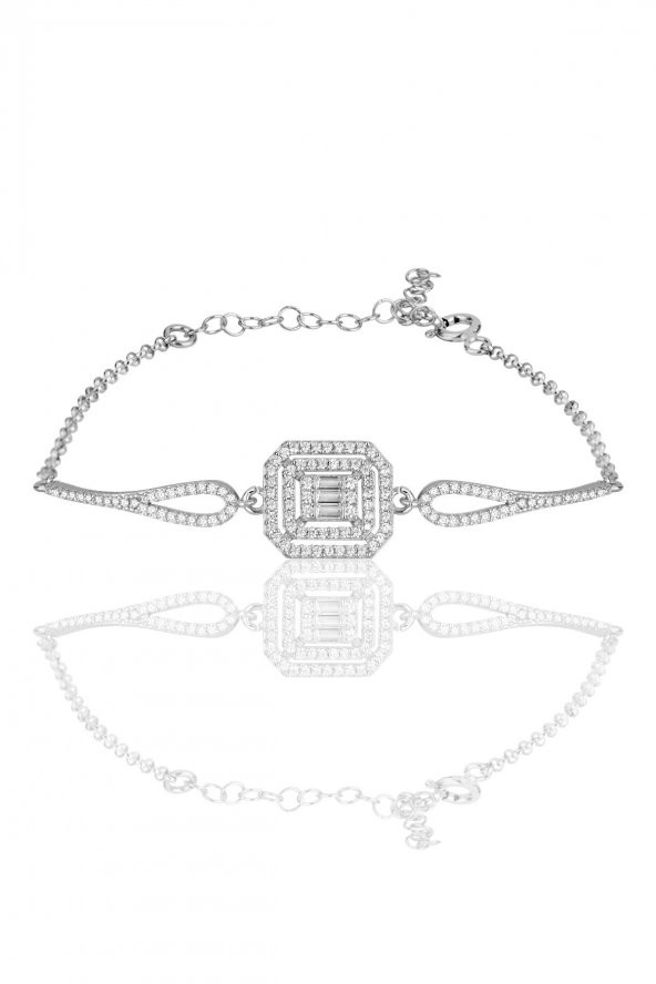 Gümüş Rodyumlu Pırlanta Montürlü Taşlı Baget Kolye Bileklik ve Küpeden oluşan set - Resim 3