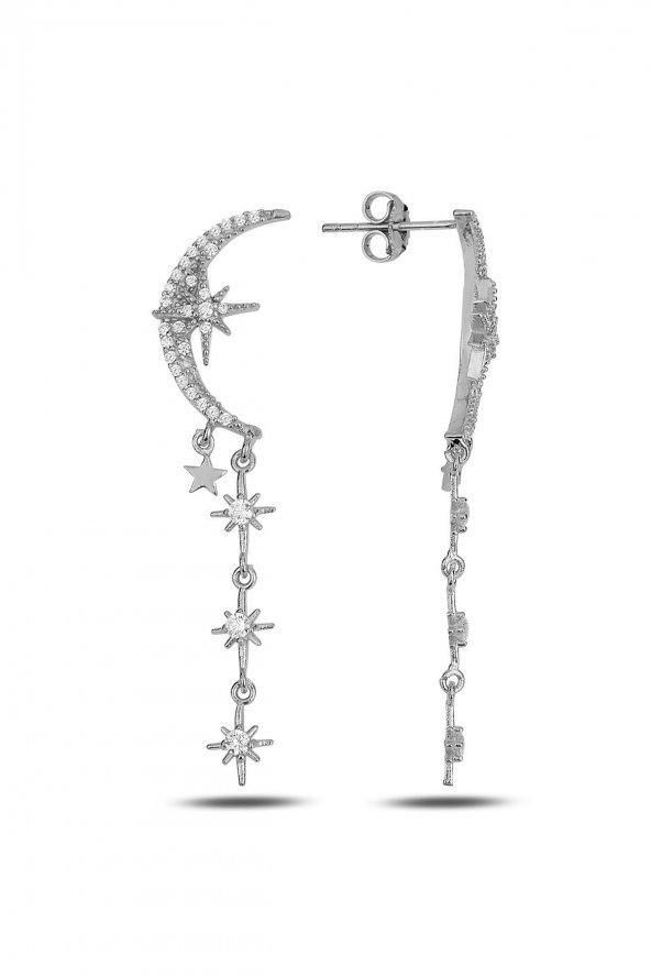 Gümüş rodaj zirkon taşlı tasarım ay , kutup yıldızı sallantılı küpe ürün görseli 1