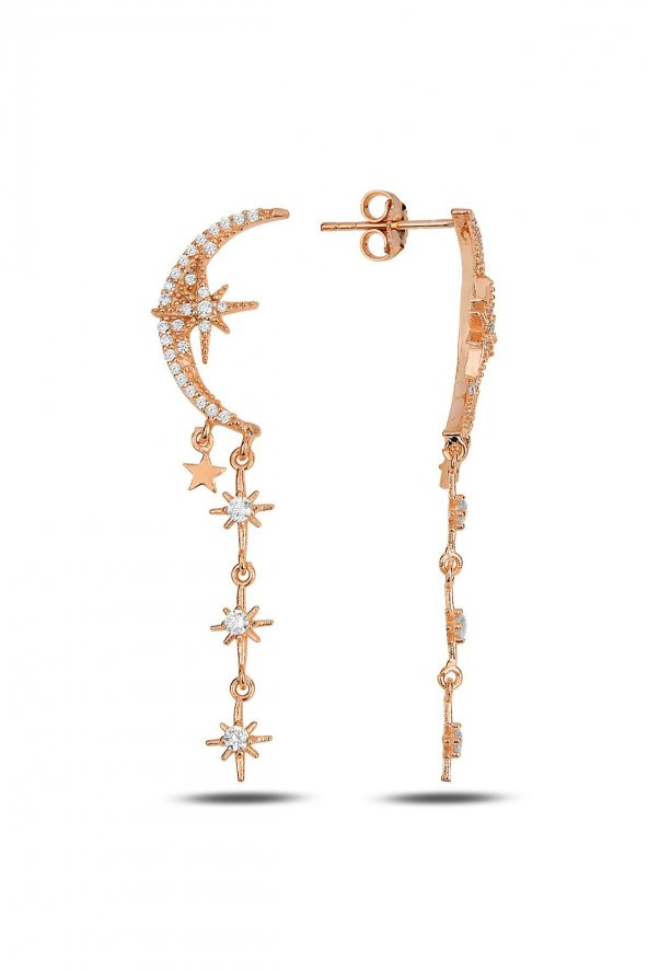 Gümüş rose zirkon taşlı tasarım ay , kutup yıldızı sallantılı küpe - 1