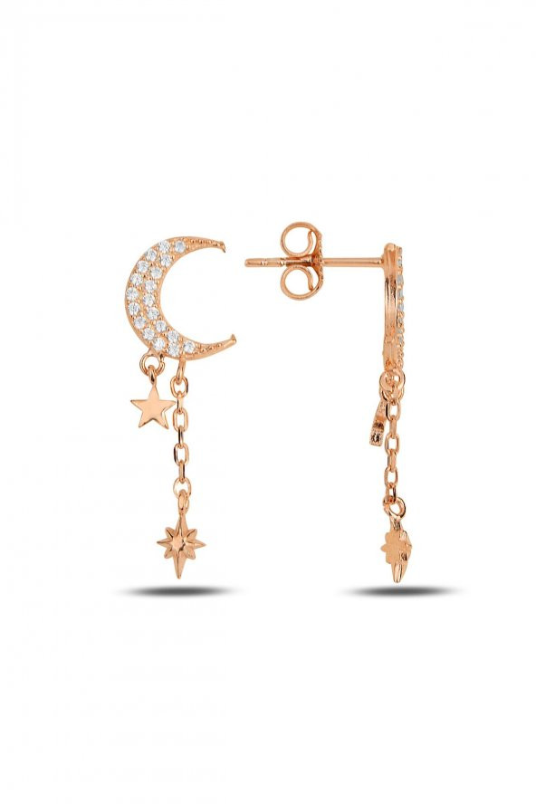Gümüş rose zirkon taşlı ay yıldız küpe - 1