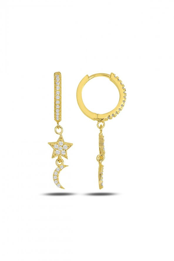 Gümüş altın yaldızlı zirkon taşlı ay yıldız halka küpe ürün görseli