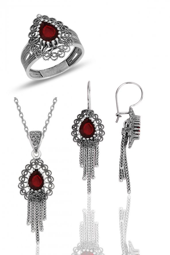 Gümüş kök yakut taşlı, püsküllü, oksitli telkari üçlü set