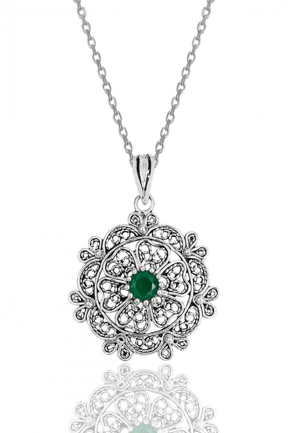 Gümüş kök zümrüt taşlı oksitli  telkari işlemeli kolye ürün görseli 1