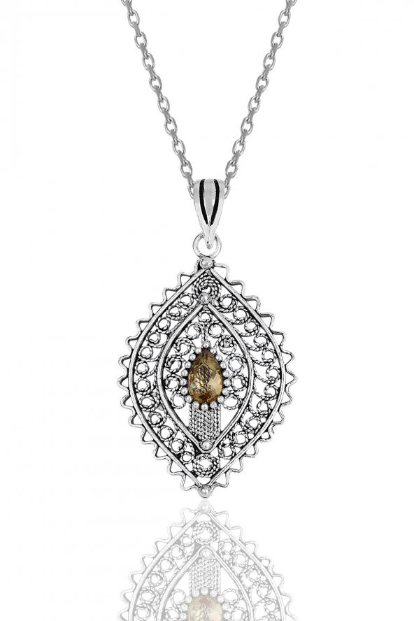 Gümüş zultanit taşlı oksitli telkari işlemeli kolye ürün görseli 1