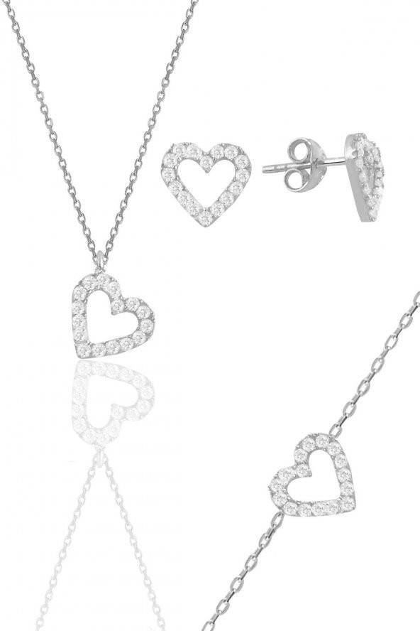Gümüş rodyumlu zirkon taşlı kalp kolye,bileklik ve küpe üçlü set