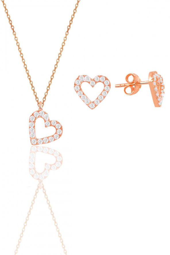 Gümüş rose zirkon taşlı kalp kolye ve küpe ikili set