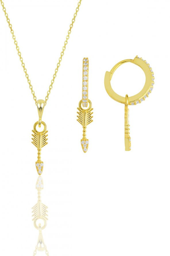 Gümüş altın yaldızlı zirkon taşlı ok kolye ve küpe ikili set