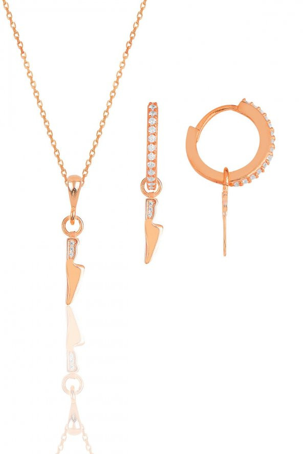 Gümüş rose zirkon taşlı bıçak modeli kolye ve küpe ikili set ürün görseli