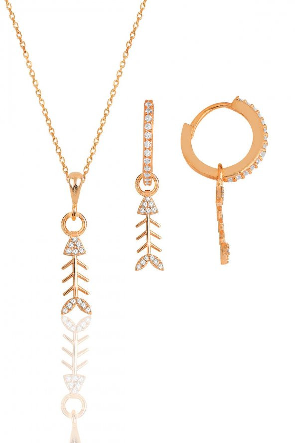 Gümüş rose zirkon taşlı balık kılçığı modeli kolye ve küpe ikili set - 1