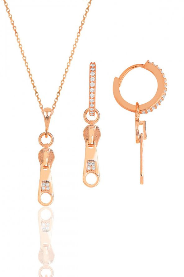 Gümüş rose zirkon taşlı fermuar kolye ve küpe ikili set - 1