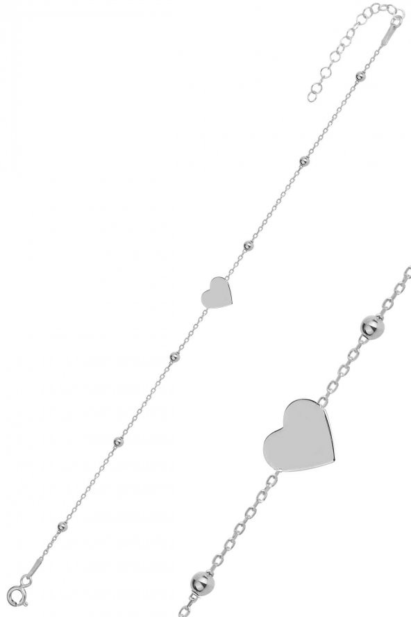 Gümüş rodyumlu top top zincirli kalp bileklik ürün görseli
