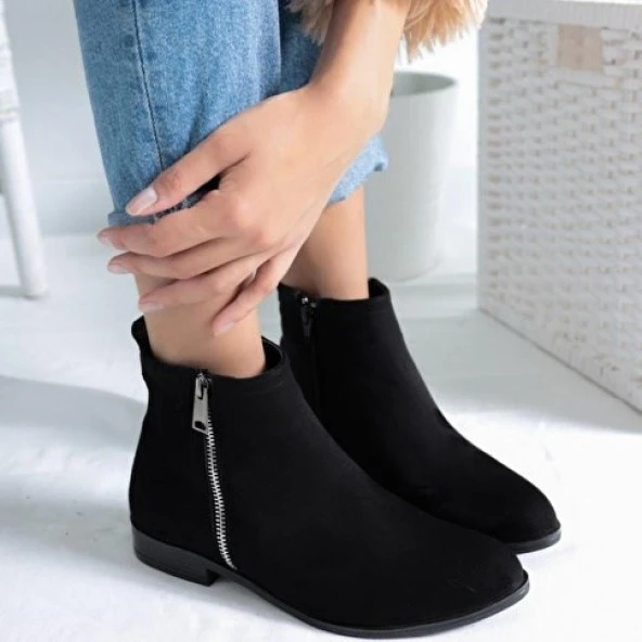 SEDEF KAYMAZ KAUÇUK TABAN YAN FERMUAR DETAY FERMUARLI KADIN SİYAH TOPUKLU BOT - 3