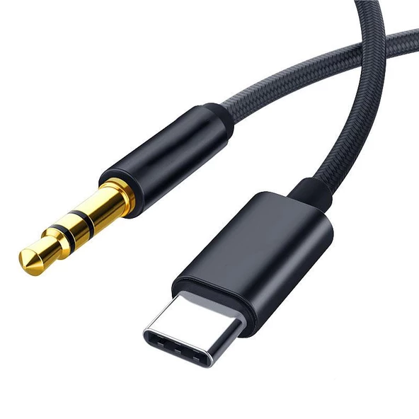 Type c usb c to Aux 3.5 mm Jack ip örgülü aux kablo 1m siyah