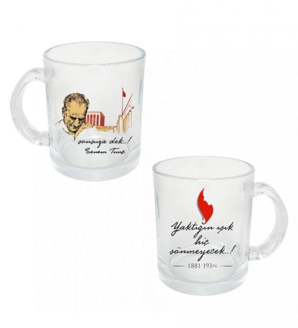 Kişiye Özel Atatürk Sonsuza Dek Baskılı Şeffaf Cam Kupa Bardak HK2313 ürün görseli