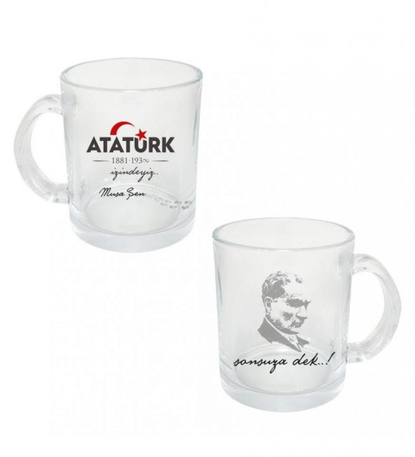 Kişiye Özel Atatürk ve Bayrak Baskılı Şeffaf Cam Kupa Bardak HK2312 ürün görseli