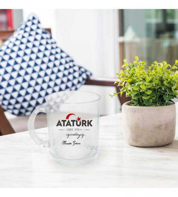 Kişiye Özel Atatürk ve Bayrak Baskılı Şeffaf Cam Kupa Bardak HK2312 - Resim 3