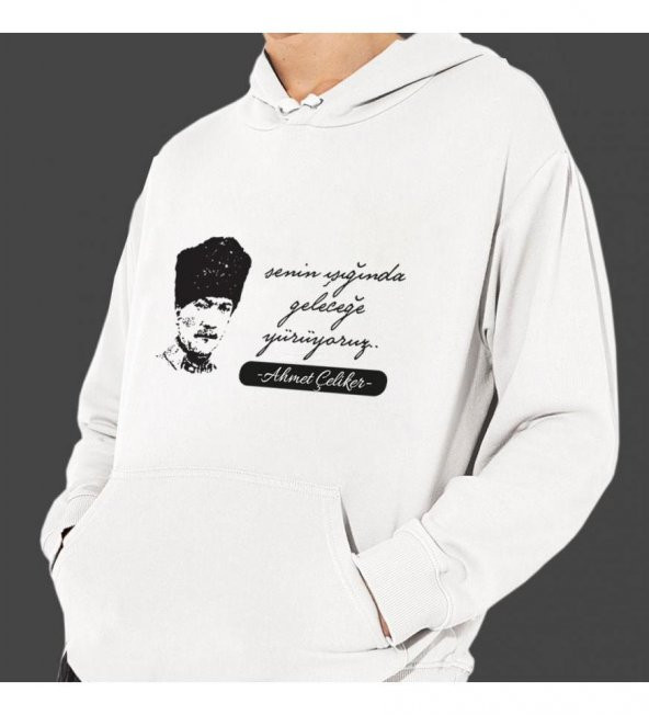 Kişiye Özel Atatürk Baskılı Kapşonlu Beyaz Unisex Sweatshirt HK2300