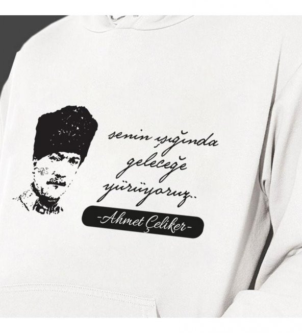 Kişiye Özel Atatürk Baskılı Kapşonlu Beyaz Unisex Sweatshirt HK2300 - 2