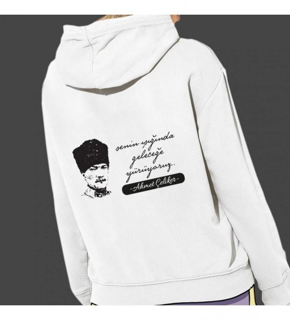 Kişiye Özel Atatürk Baskılı Kapşonlu Beyaz Unisex Sweatshirt HK2300 - 3