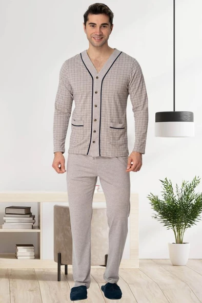 Mecit 22767 Erkek Kahve Önden Düğmeli Büyük Beden Pijama Takımı - 2