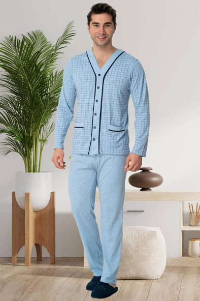 Mecit 22767 Erkek Mavi Önden Düğmeli Büyük Beden Pijama Takımı - 2