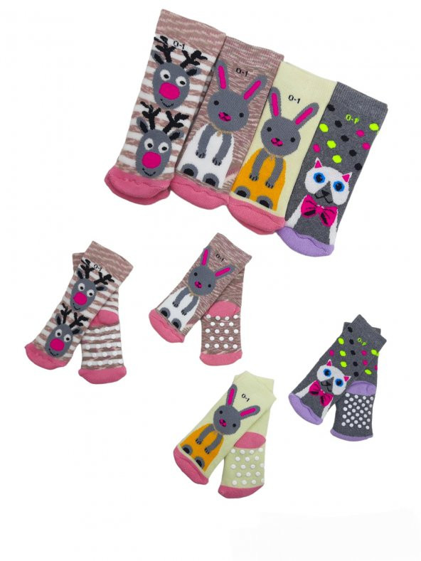 Kız Çocuk Renkli Havlu Kaydırmaz Silikonlu Desenli 4 Çift Patik Çorap Numara  BT-0739