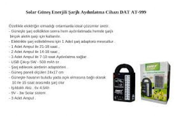 Dat-999 3 Ampüllü Güneş Panelli Büyük Akülü Kamp-Av Seti - 4