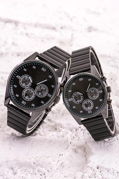 Çift Siyah Çelik Kordon Analog Kadın Erkek Kol Saati Kombin Saat ST-304220