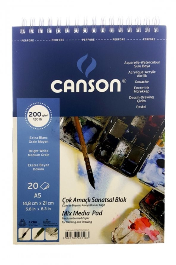 Canson Çok Amaçlı Sanatsal Blok Mix Media Pad 200gr A5 20 Yaprak