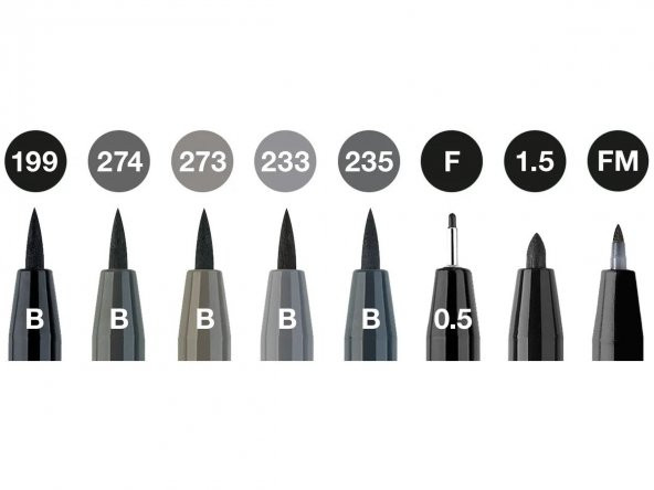 Faber Pitt Artist Pen Fırça Uç 8li, Gri & Siyah Tonları - Resim 2