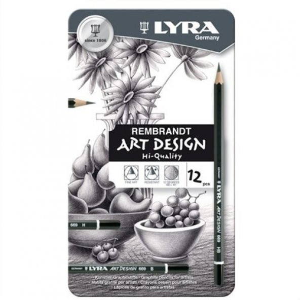 Lyra Dereceli Kurşun Kalem Art Desing Kalem Seti 12`li Metal Kutu